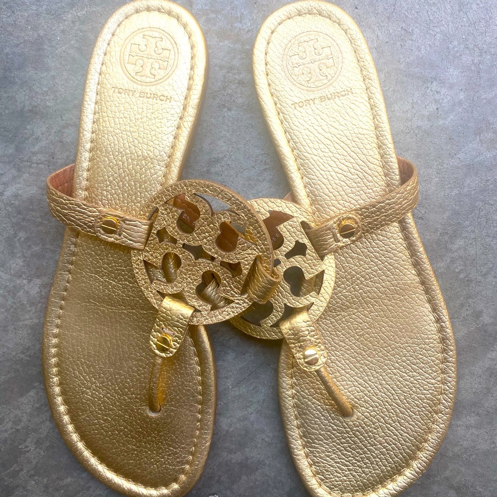 Gold Tory Burch Metallic Logo Thong Sandals